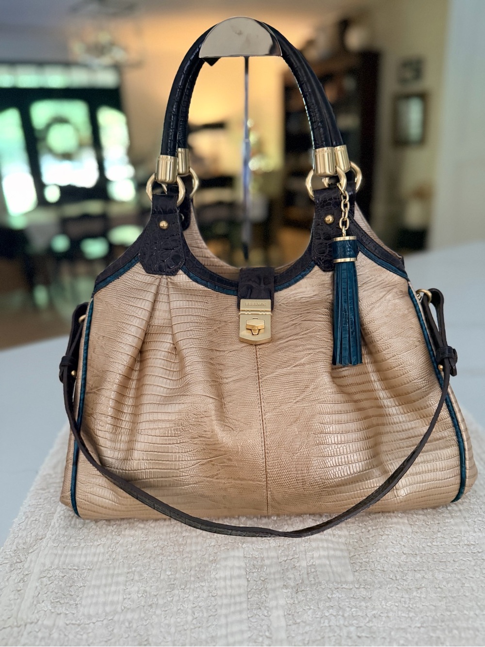 EUC BRAHMIN Champagne Metallic Textured Tote Bag with Teal Trim and Tassel